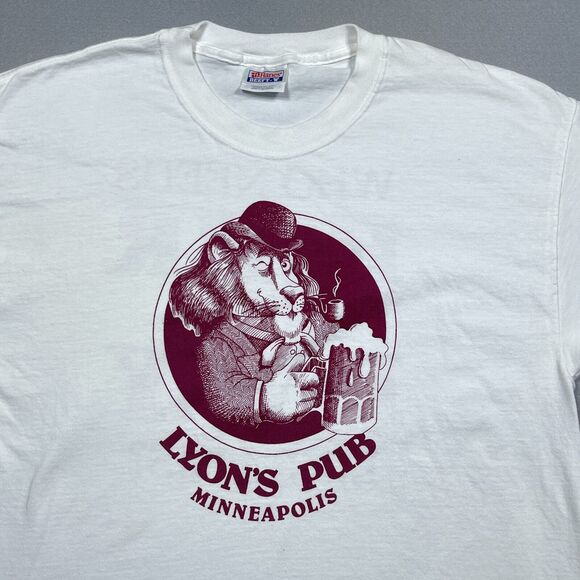 VTG Shirt Men Size Large‎ White Double Side Print LYONS PUB MINNEAPOLIS Y2K - Picture 2 of 9